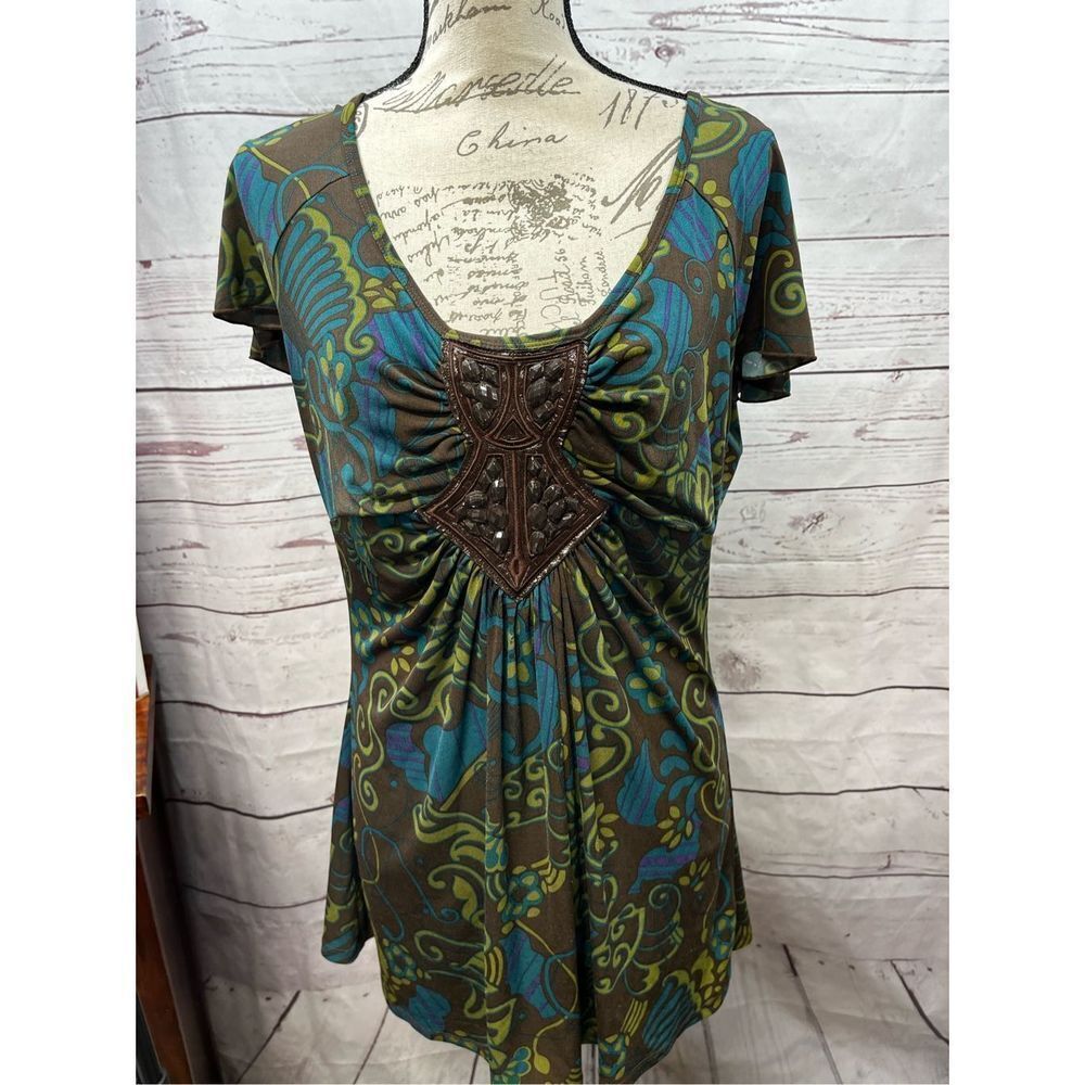 Bisou Bisou Michelle Gaulet Women's Brown Blue Green Embellished Tunic LG